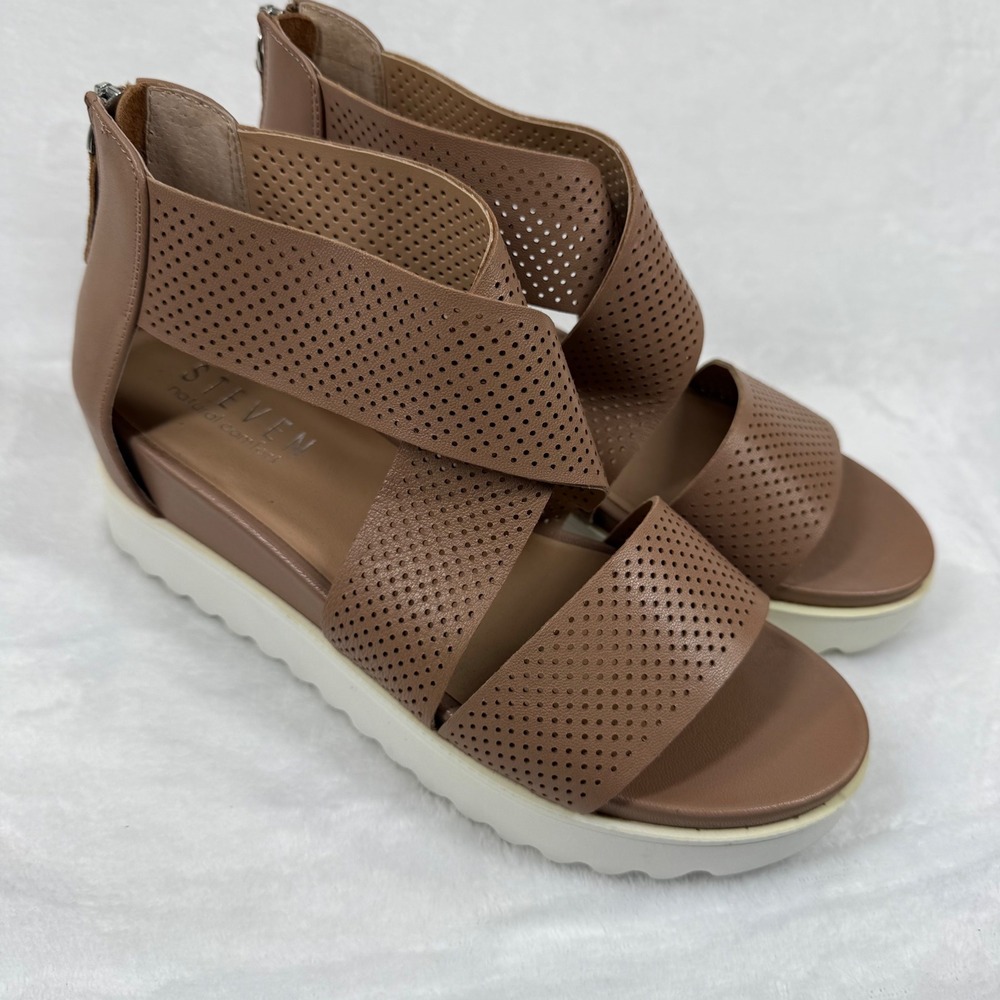 Steven Natural Steve Madden Tan Leather Perforated Platform Sandals‎ 8.5M